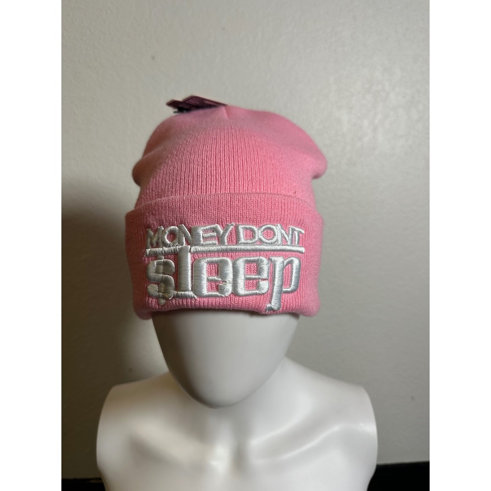 Basics Pink Money Dont Sleep Embroidered Cuffed Beanie Knit Hat Streetwear NEW